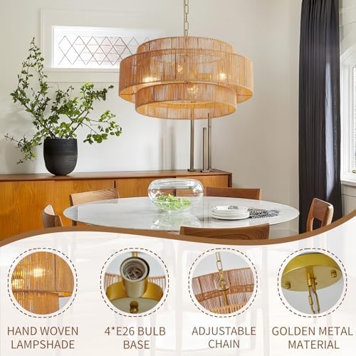 Large Farmhouse Rattan Chandelier, 22.8in Boho Pendant Light