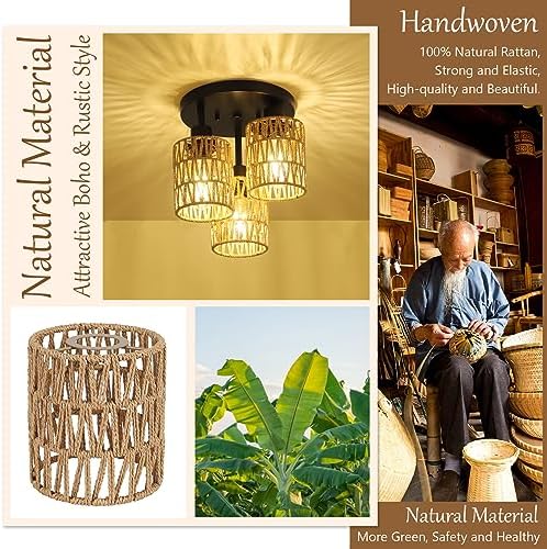 3-Light Boho Rattan Semi-Flush Mount Ceiling Light