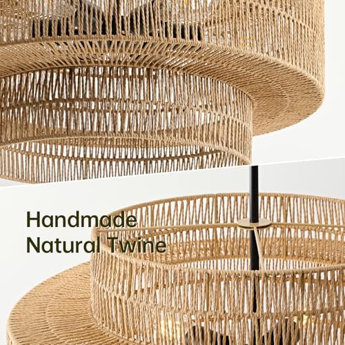 24" Rattan Chandelier, Large Boho Pendant Light