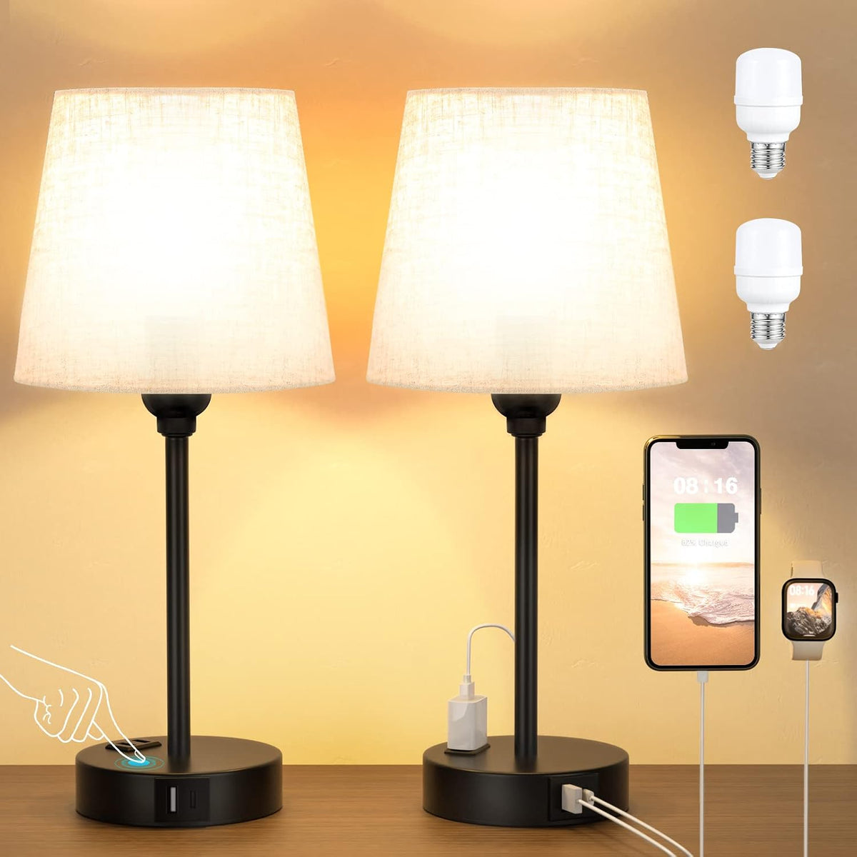 Bedside Table Lamps Set 2 for Bedroom - Dimmable Touch, USB C+A, AC Outlet - Field & Lumen Lighting