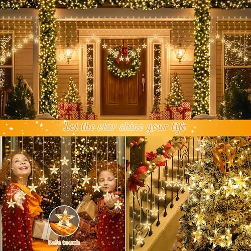 woohaha Christmas Star Icicle Curtain Lights, 118LED Warm White
