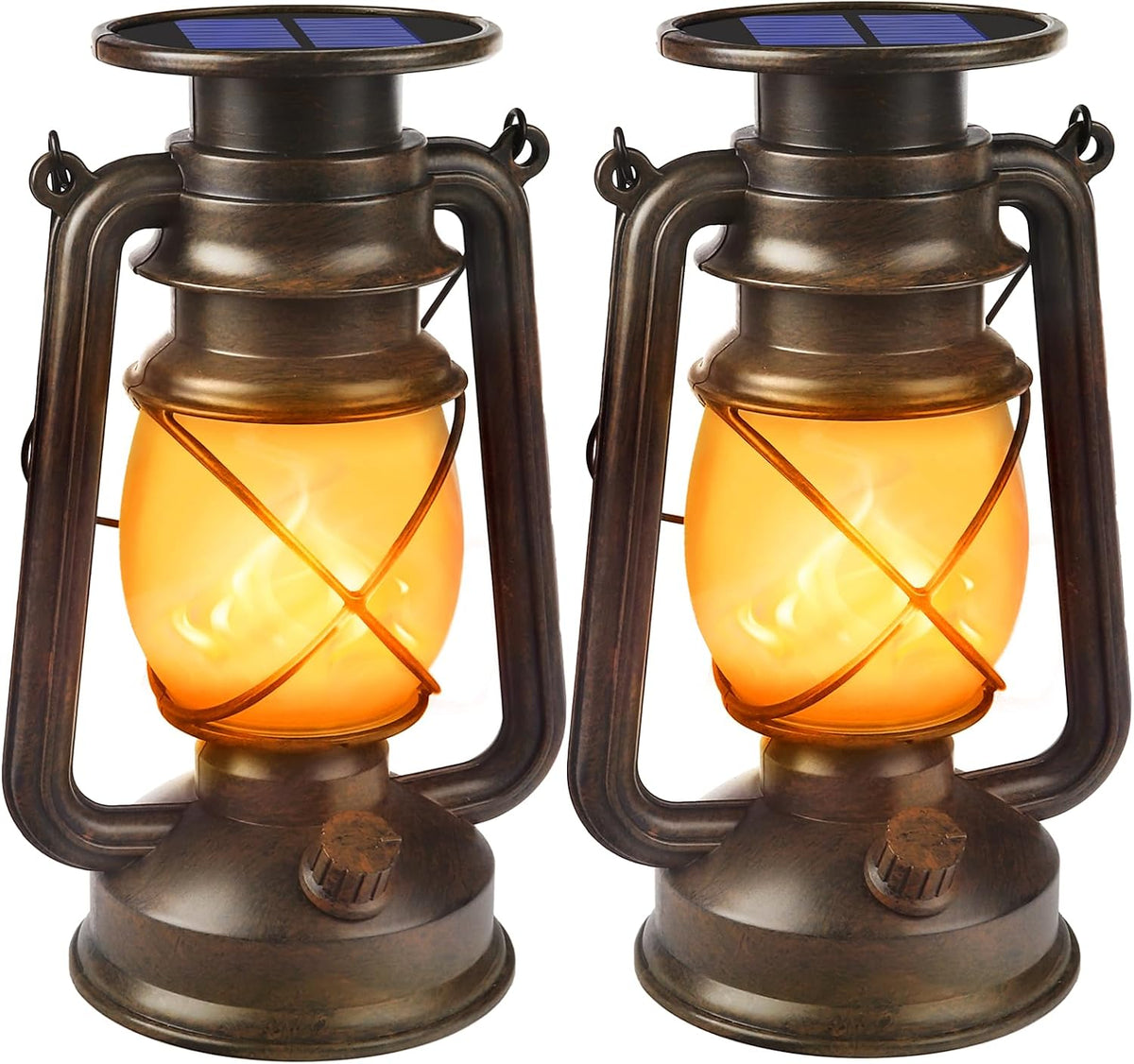 Solar Lanterns Outdoor Waterproof, 2-Pack Bronze Flickering Flame Lights - Field & Lumen Lighting
