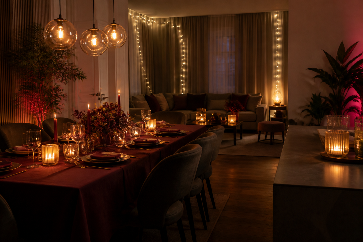 Dining and living room glowing with layered decorative light for gathering