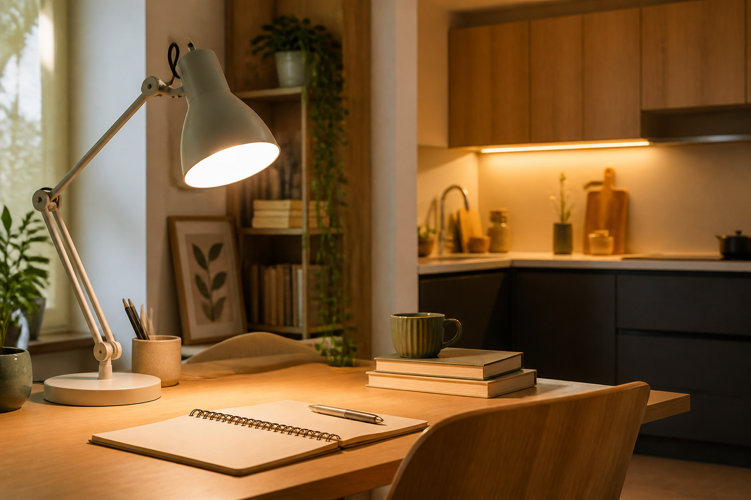Clear home workspace illuminated by focused desk and task light