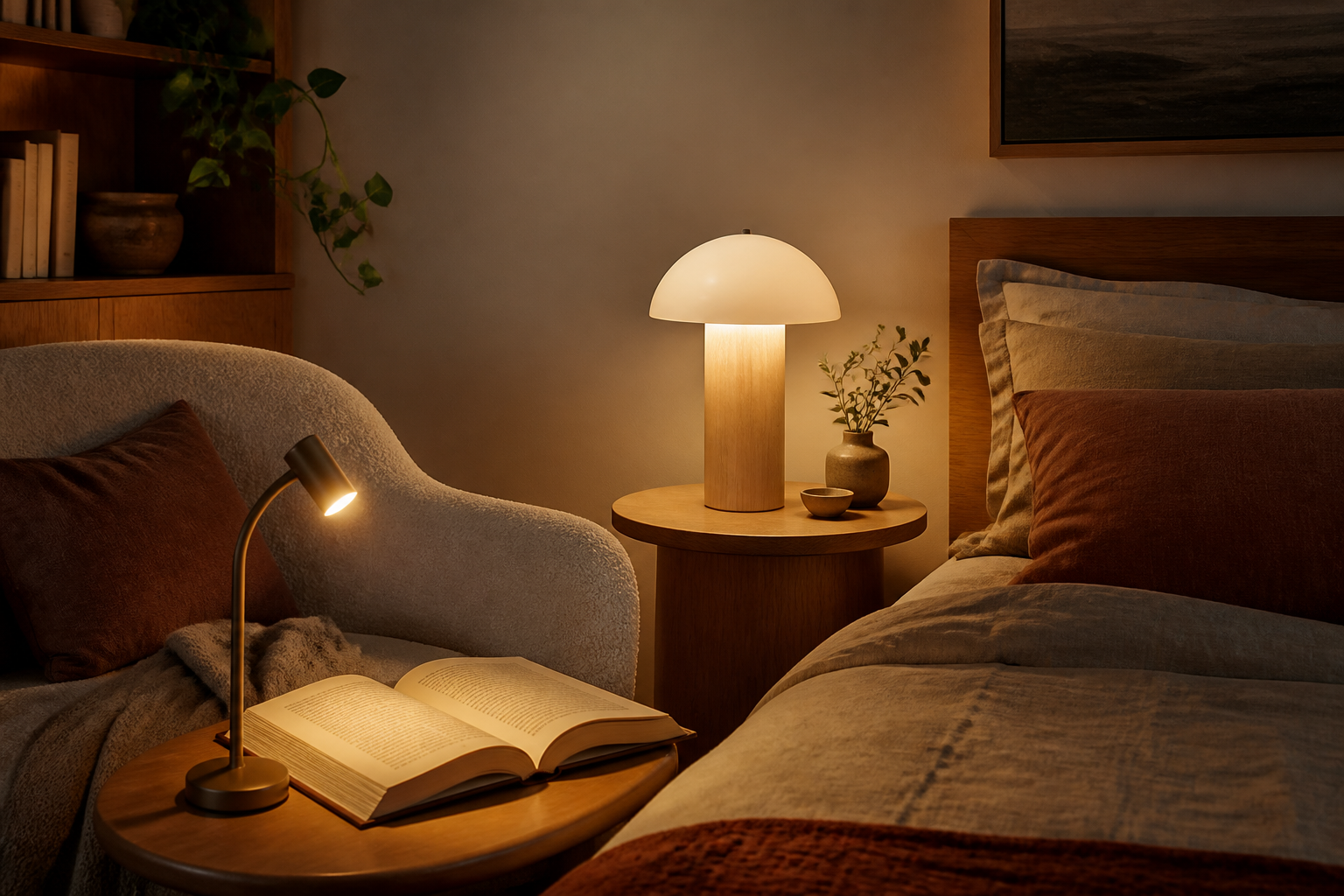 Warm bedside reading nook with a glowing task lamp and open book